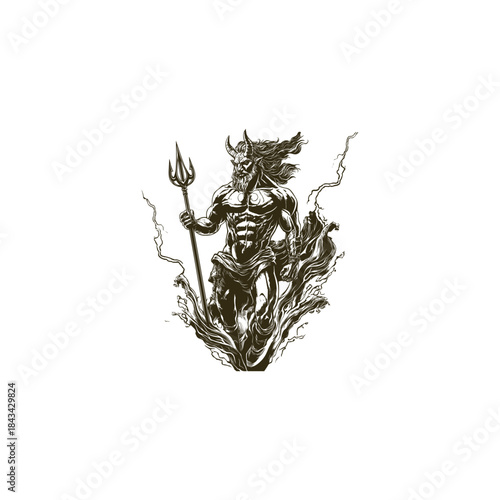 Powerful ancient god or mythical warrior with horns and trident standing amidst lightning and clouds, hand-drawn vintage engraving style
