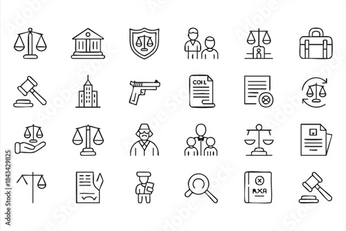 Law and Justice Line Icons for Legal Platforms and Court Systems