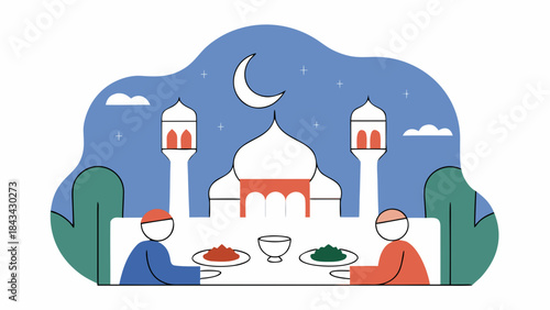 Ramadan Iftar Illustration with Mosque and Crescent Moon