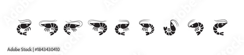 Set of black silhouette icons representing shrimp in various stylized and curved positions for food design