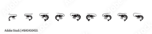 Series of detailed black silhouette icons depicting shrimp variations great for seafood restaurant branding materials