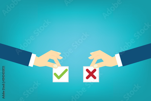 Comparing positive advantages or negative disadvantages. Human hands holding yes and no papers as pros and cons. EPS10 vector illustration.