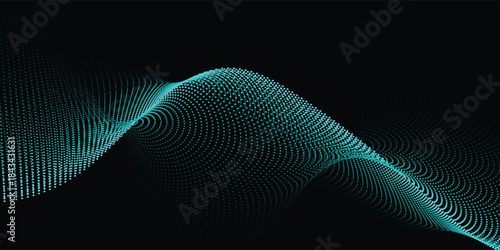 Flowing wave pattern of fine blue dots. Light vector curves. Abstract background banner design for music, AI technology, and neural network concepts.