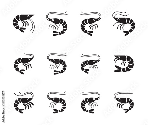 Twelve different black and white shrimp icons in varied poses for seafood design use