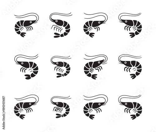 Set of twelve different stylized black and white shrimp icons or food symbols