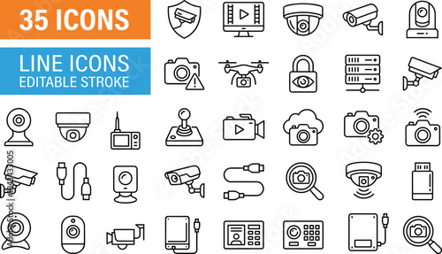 Security and surveillance line icons collection featuring cameras, CCTV, devices, monitoring technology, and smart equipment for digital safety, protection, and video systems projects.