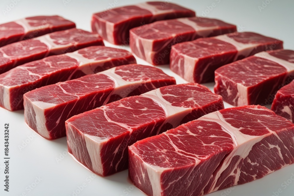 Fototapeta premium Fresh Raw Beef Steaks Collection - Premium Marbled Red Meat Cuts Arranged on White Background, Ribeye and Sirloin Slices for BBQ