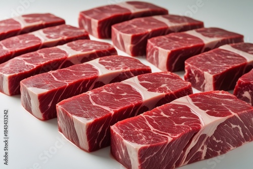Fresh Raw Beef Steaks Collection - Premium Marbled Red Meat Cuts Arranged on White Background, Ribeye and Sirloin Slices for BBQ