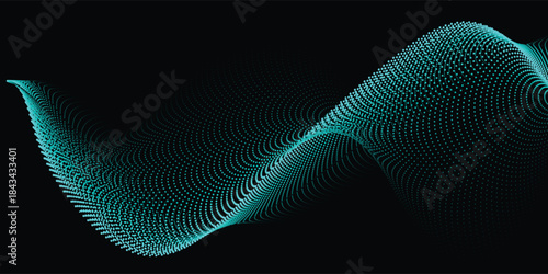 Flowing wave pattern of fine blue dots. Light vector curves. Abstract background banner design for music, AI technology, and neural network concepts.