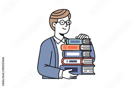 Cartoon person in glasses, wearing a blue jacket, carrying a stack of books