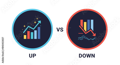 A colorful infographic design comparing a rising bar chart for growth and a falling bar chart for decline inside circular icons.