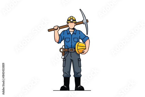 Cartoon miner with pickaxe, helmet, wearing blue shirt, gray pants, and boots