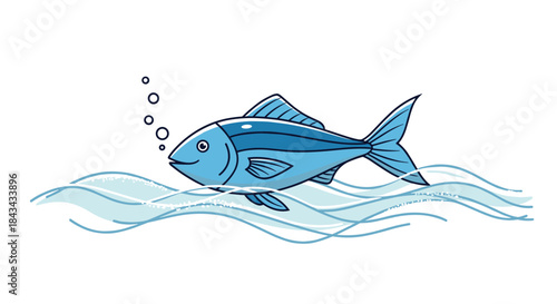 A charming cartoon illustration of a happy blue fish swimming gracefully on top of stylized blue waves and blowing bubbles.