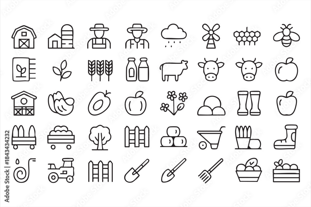 Naklejka premium Farm Tools and Crops Icons for Digital UI Systems