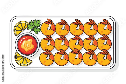 Illustration of a platter with fried shrimp, sauce, lemon, and parsley garnish