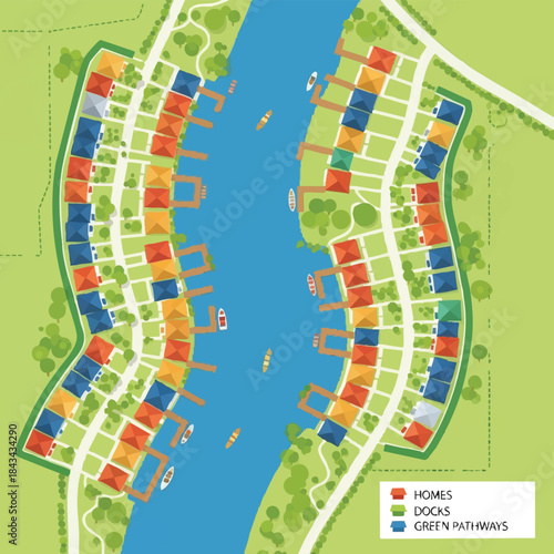A Riverside Haven: An overhead illustration presents an idyllic waterside community, featuring colorful homes, docks, and scenic green pathways seamlessly integrated with the waterway.