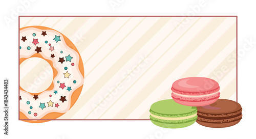 A sweet-themed rectangular frame with a large donut and colorful macarons on a striped background, ideal for a bakery or party.