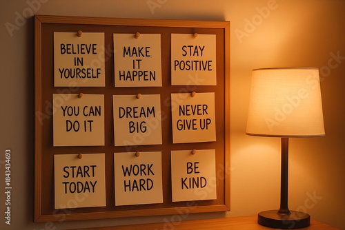 Motivation board with inspirational notes, warm home lighting