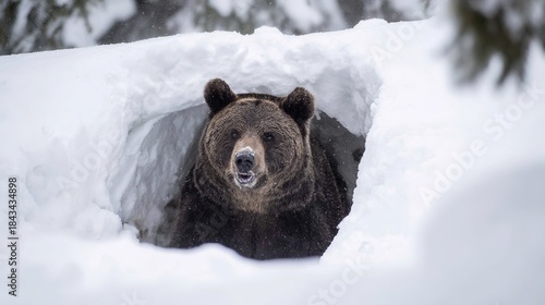 hibernation. A brown bear emerging from a snowy den, its breath visible in the cold air. wildlife magazines, conservation campaigns, designed for eco-tourism storytelling, used by ngo communicators.