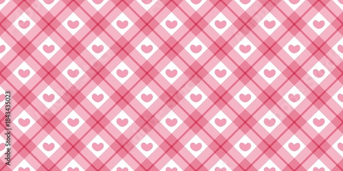 Pink and white diagonal gingham plaid pattern with tiny hearts, perfect for feminine, romantic, Valentine's Day, wedding, or baby shower invitation and packaging designs.