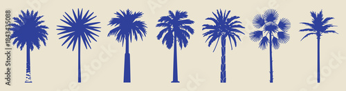 Collection Of Seven Different Blue Palm Tree Silhouettes On Beige Background tropical