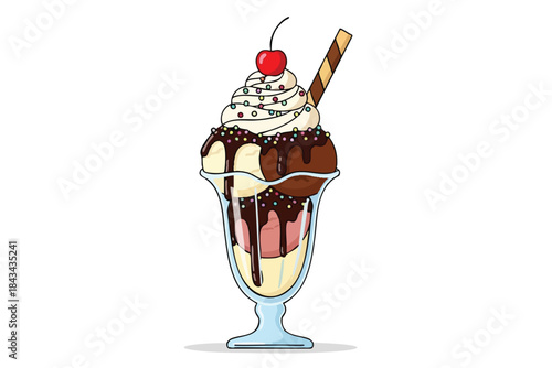 A cartoon ice cream sundae with three scoops, topped with whipped cream and a cherry