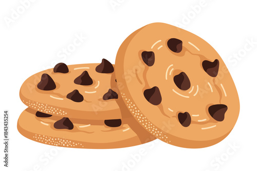 Three stylized, round chocolate chip cookies, stacked and isolated against a white backdrop