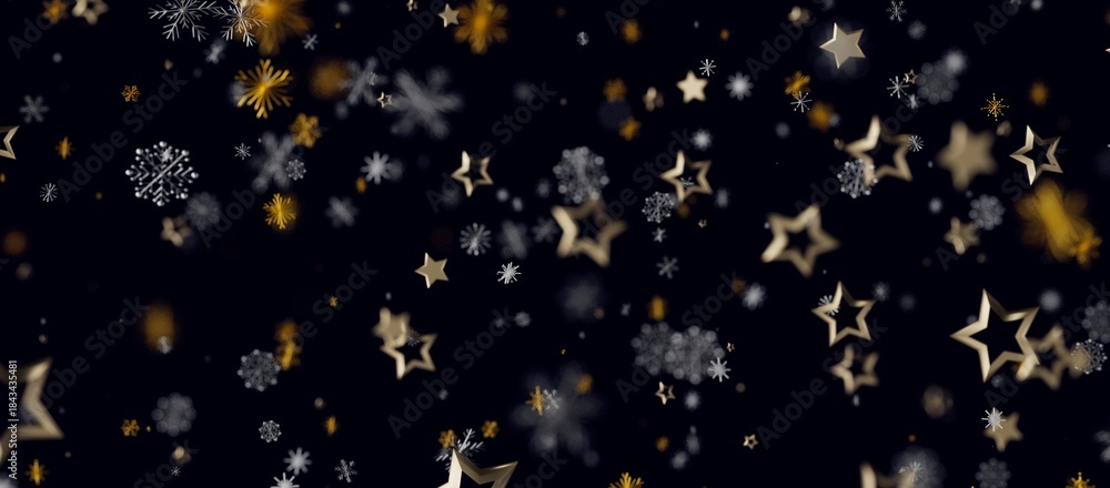 Fototapeta premium Abstract, festive background with golden stars and snowflakes on a dark, magical night. Perfect for Christmas,