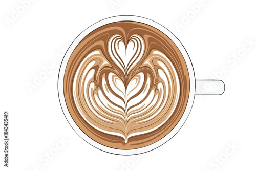 Top-down view of latte art in a white cup, heart and swirls, on white