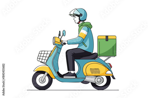 A cartoon delivery person rides a scooter with a cargo box