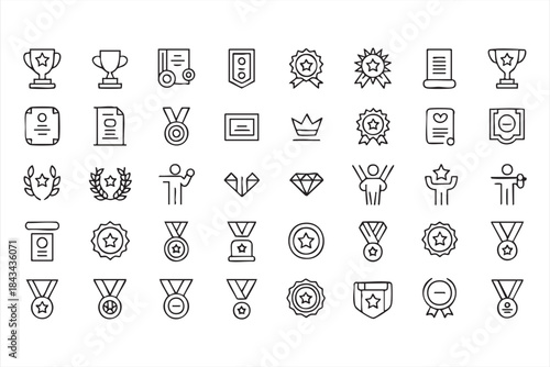 Trophy and Medal Line Icons for Contest Results and Leaderboards