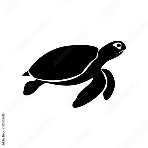 A black silhouette of a sea turtle swimming gracefully in the water.