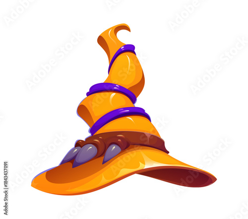 Cartoon Halloween witch, wizard and sorcerer hat. Orange witch headwear with twisted, curved top wrapped in shiny purple bands, with sharp dark claws gripping the fabric. Vector Halloween party hat