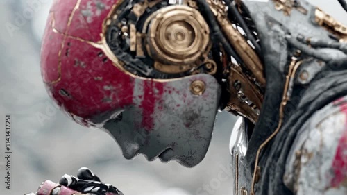 Damaged humanoid robot holding head in emotional moment
