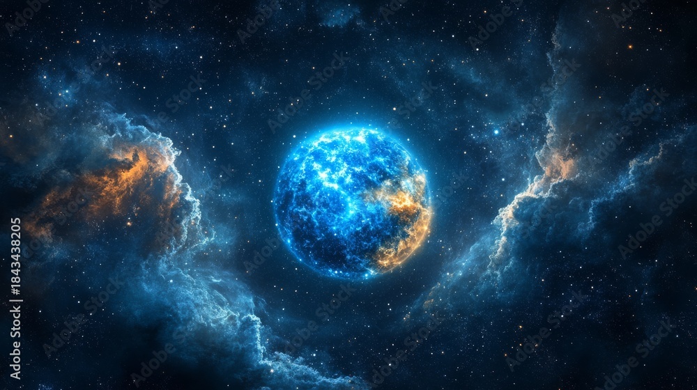 Fototapeta premium Vibrant Blue and Orange Celestial Body Surrounded by Cosmic Nebulae and Stars