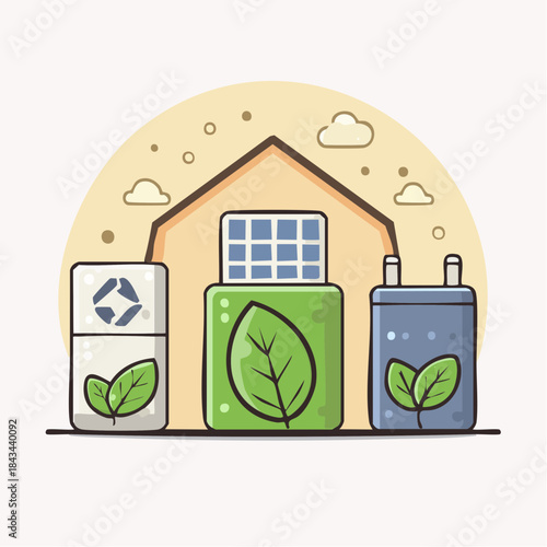 Illustration of three eco-friendly energy solutions: a recycling battery, a solar-powered device, and a green energy cell, set against a simple house background.