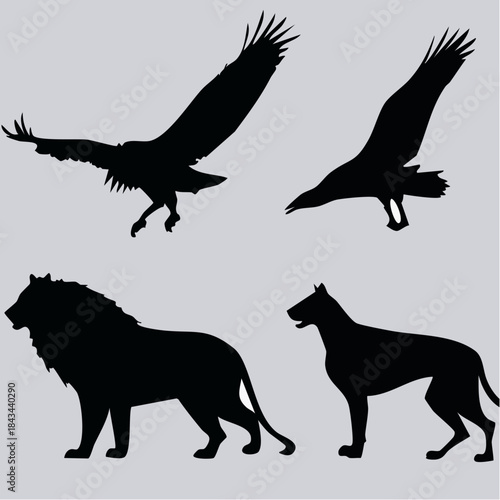 Silhouettes of various wild animals including two eagles, a majestic lion, and a powerful dog-like creature against a plain background.