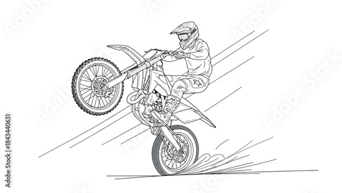 abstract digital art illustration of a motocross rider performing a jump on a dirt bike against a dark background, dynamic neon line effect