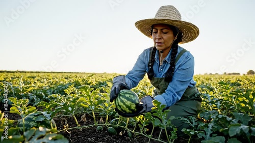 Female Farmer Inspecting Watermelon Crop in Field