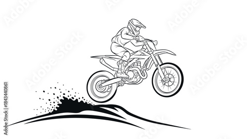 motocross rider performing a wheelie on a dirt bike, dynamic action shot in black and white outline style