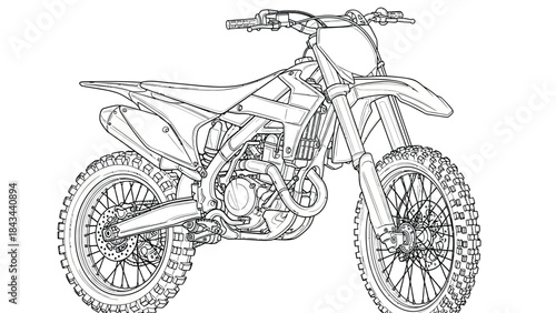 A motocross dirt bike line art transparent PNG illustration with aggressive tires and detailed engine stands isolated on a white background