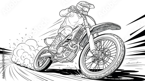 Dynamic black and white illustration of a motocross rider