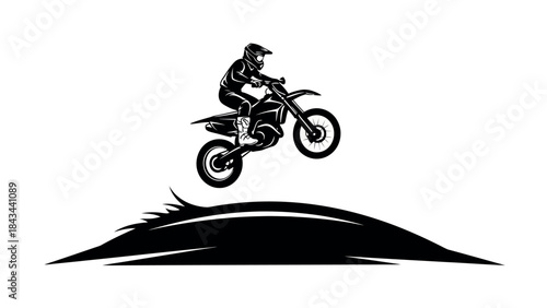 Black and white silhouette of a motocross rider catching air over a stylized dirt mound graphic design