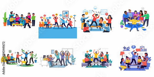 Friends and diverse groups playing popular indoor party games, enjoying leisure, socializing, and fun activities at home.