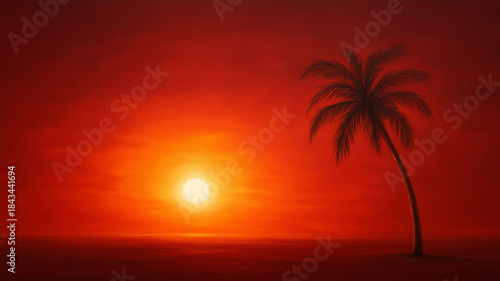 Tropical palm tree sunset with fiery orange sky, peaceful mood, beach landscape
