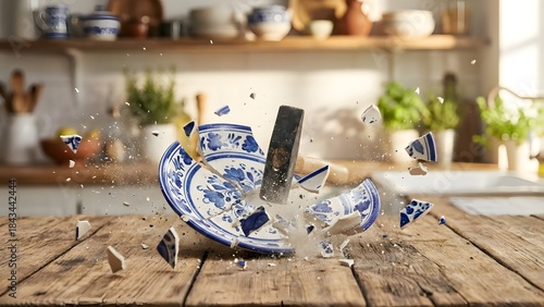 Broken Blue and White Ceramic Plate on Wooden Surface in Kitchen.