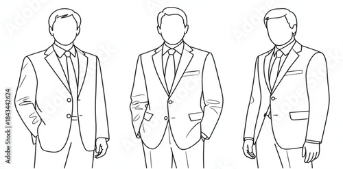 Men in formal business suits viewed from behind, created as a clean technical CAD line illustration with accurate human proportions