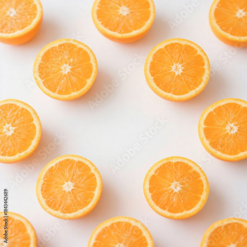 Creative layout of fresh orange halves on white background with copy space. Flat lay concept.
