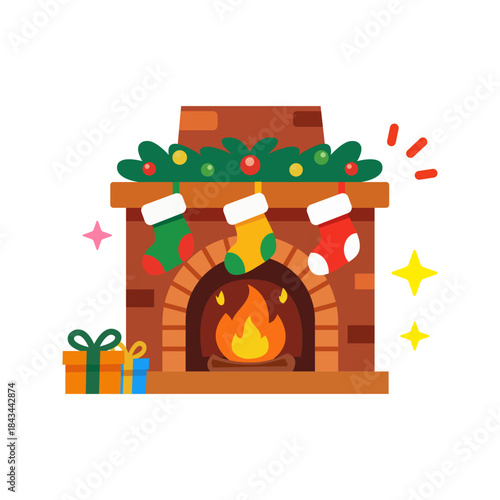 Cozy Christmas Fireplace with Hanging Stockings Vector