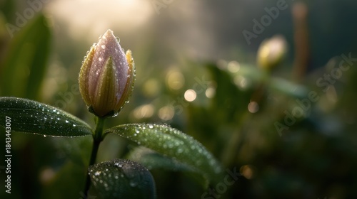 A flower bud with droplets of water rests on a green leaf in a garden during early morning. Soft light enhances the natural scene with blurred plants in the background.